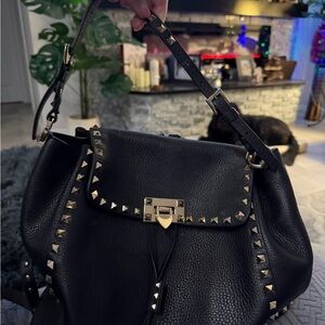 Valentino Garavani Black Leather Shoulder Bag with Gold Studs